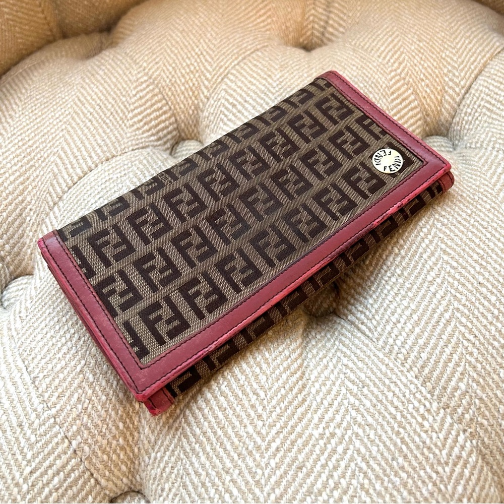 Authentic Fendi Zucchino Canvas Pink Leather Bifold Wallet
